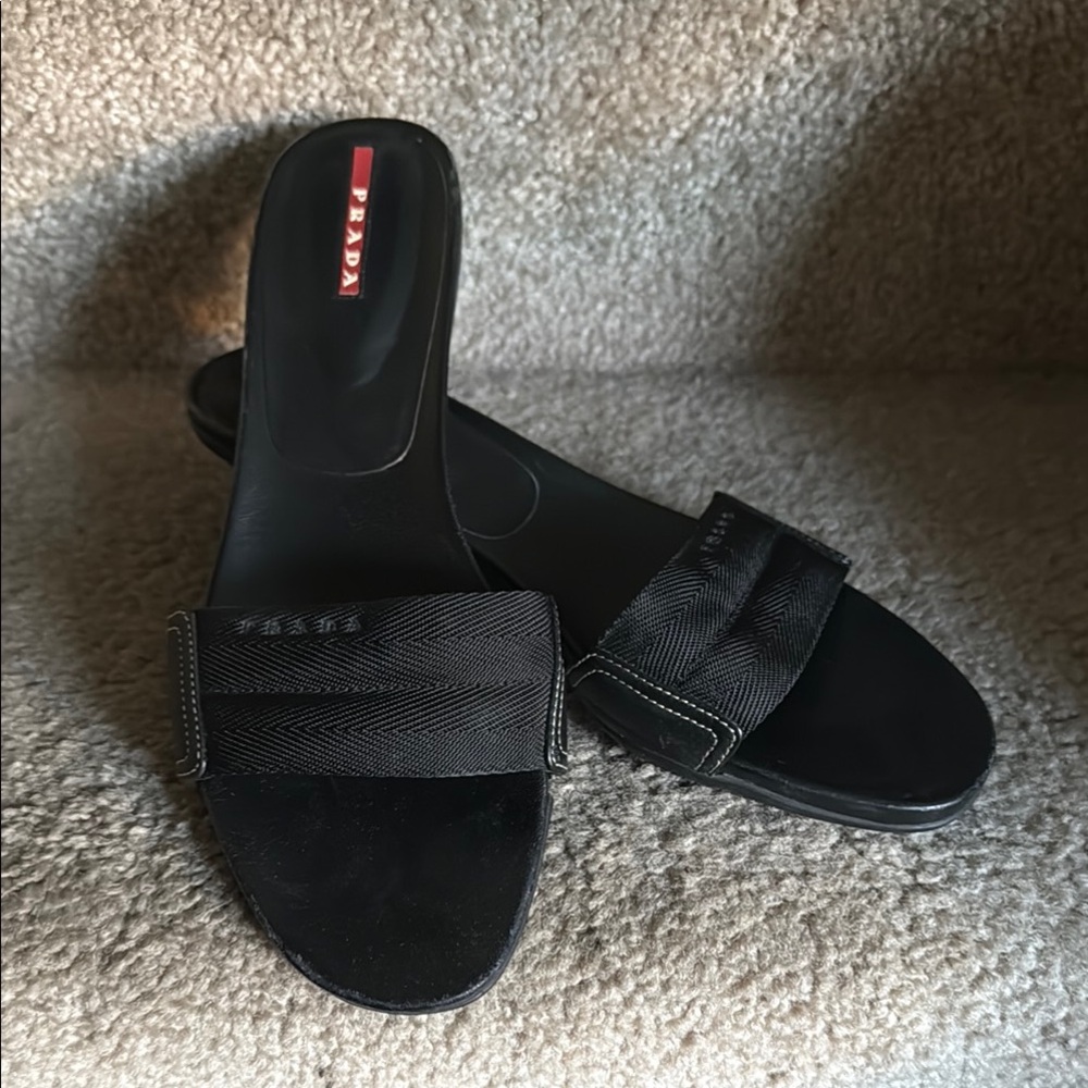 Prada Black Slide Sandals with Red Logo Inset